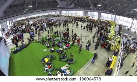 MOSCOW, RUSSIA - JAN 25, 2014: Aerial view to people sitting on soft chairs at Geek Picnic. Is largest European festival of modern technology, science and art.