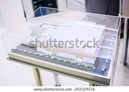 MOSCOW, RUSSIA - DEC 4, 2013: Architectural model of building of electrical substation at Exhibition Electrical Networks of Russia - 2013 in exhibition center MosExpo (VVC).