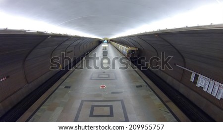 MOSCOW, RUSSIA - NOVEMBER 16, 2013: Train on underground station Cherkizovskaya, aerial view. The station opened on August 1, 1990