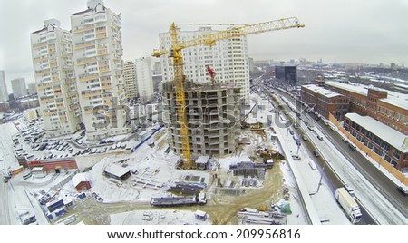 MOSCOW, RUSSIA - NOVEMBER 27, 2013: Construction of a new apartment house in the neighborhood Bogorodskoe, aerial view