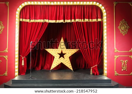 Beautiful scene in retro style with red curtain decoration large shining star
