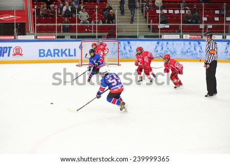 MOSCOW, RUSSIA - APR 26, 2014: Competitions between childrens teams in hockey at the Ice Palace of Sports Sokolniki