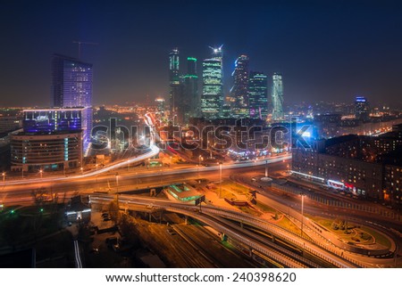 MOSCOW, RUSSIA - OCT 30, 2014: Night view of the city with Mirax-Plaza and Building of Moscow International Business Center (Moscow-City)