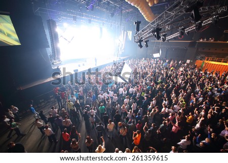 MOSCOW - APR 05, 2014: Huge crowd of people at the cult festival Trancemission in Stadium Live, top view