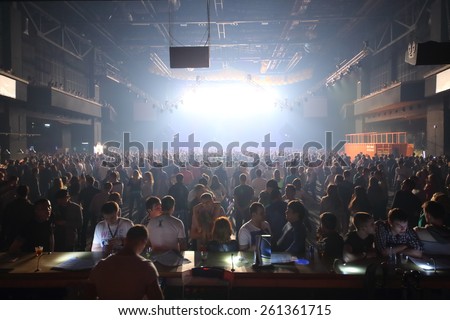 MOSCOW - APR 05, 2014: Huge crowd of people at the cult festival Trancemission in Stadium Live