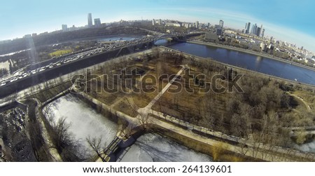 MOSCOW, RUSSIA - MAR 23, 2014: Aerial view of Moscow river near the Novodevichy Convent.