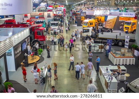 MOSCOW, RUSSIA - JUN 06, 2014: big auto trade show commercial vehicle manufacturers of famous brands on International Specialized Exhibition of Construction Equipment and Technologies