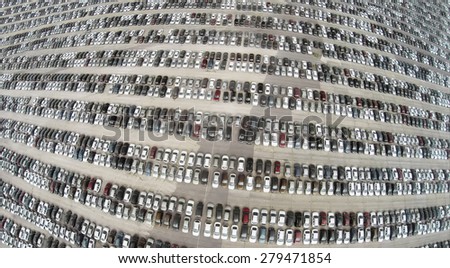 Aerial view of the lot of cars near the Avtoframos company.