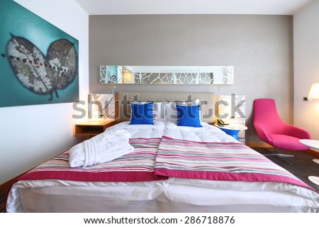 SOCHI, RUSSIA - JUL 25, 2014: Double room with one bed in the Hotel Radisson Blu Paradise Resort and Spa