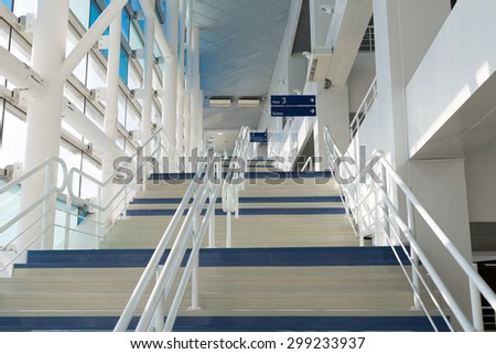 ADLER, RUSSIA - JULY 29, 2014: wide white and blue staircase in  Iceberg Skating Palace