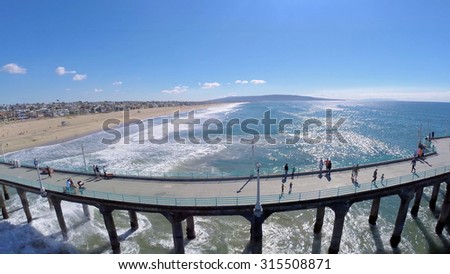 MANHATTAN BEACH - NOV 02, 2014: Manhattan Beach Pier with several people at sunny day. Aerial view. The pier is 283 meters long.