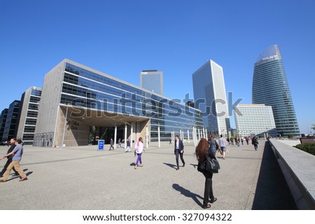 PARIS, FRANCE - SEP 12, 2014: The pedestrian area in the business district of La Defense in Paris