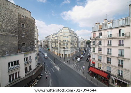 PARIS, FRANCE - SEP 11, 2014: The view from the window to the street Rue La Fayette in Paris, top view