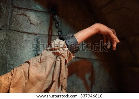 USA, WASHINGTON -?? 31 AUG, 2014: Close up view of the hand with shackles at National Museum of Crime and Punishment.