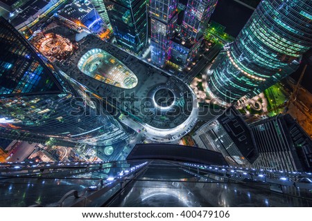 MOSCOW, RUSSIA - MAY 17, 2014: Top view of shopping and entertainment complex Central Core of business complex Moscow City at night. Investments in project Central Core - 300 million dollars