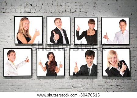 frames with ok gesture people on white brick wall collage
