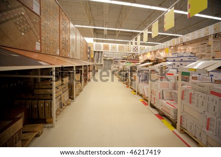 Racks with ceramic tile in warehouse of building materials
