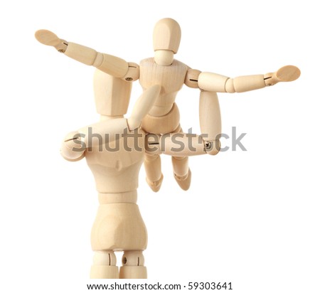 wooden figures parent holding his child on hands, half body, isolated on white