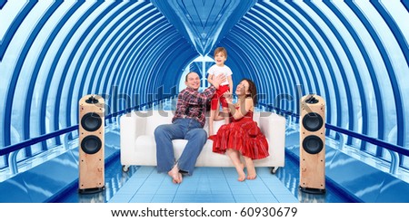 family with little girl and home cinema in bridge way interior collage
