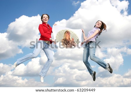 jumping young girls with paper money mother collage on sky