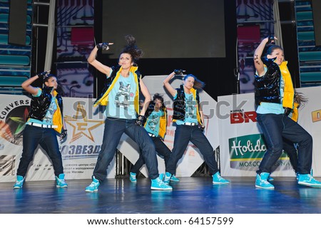 MOSCOW - MARCH 27 : members break dance team SM - Super Girls on stage during contest Hip Hop International - Cup Of Russia March 27, 2010 in Moscow, Russia. These girls took first place in Adults cat
