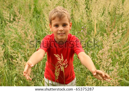 little boy in red shirt stands in high green grass and touches blade of grass