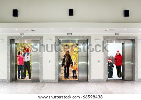 summer autumn winter family in Three elevator doors in corridor of office building collage