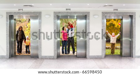 summer autumn  family in Three elevator doors in corridor of office building collage