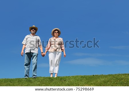old man and woman in straw hats and sunglasses standing on summer lawn and holding for hands