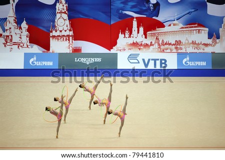 MOSCOW - SEPTEMBER 25: Show of artistic gymnastics hoop from Venezuela at 30-th rhythmic gymnastics world championships was held in Moscow in complex Olympiysky on September 25, 2010, Moscow, Russia.