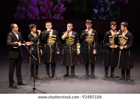 MOSCOW - MARCH 17: Boys sing at concert of Gennady Ledyakh School of Classical Dance in theater Et Cetera, on March 17, 2011 in Moscow, Russia. Concert held for winners in competition.
