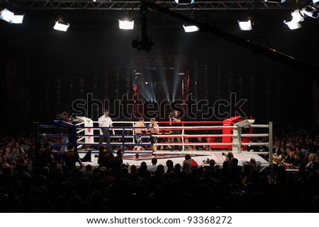 MOSCOW - MARCH 12: Ali Bagautinov (right) and Vitaly Panteleyev (left) fight at ring at Fight Nights Battle of Moscow-3 in Crocus City, on March 12, 2011 in Moscow, Russia.