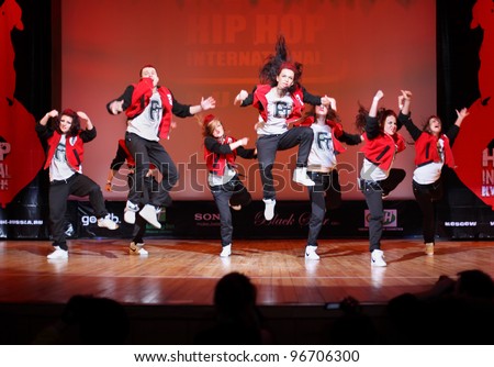 MOSCOW - MARCH 27: F-team group dance at Hip Hop International Cup of Russia 2011, on March 27, 2011 in Moscow, Russia. Main prize is $1000 for each team member and organization of trip to Las Vegas.