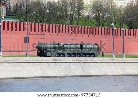 MOSCOW - MAY 7: Military equipment on embankment of Moscow River. Rehearsal for Victory Day parade, on May 7, 2011 in Moscow, Russia.