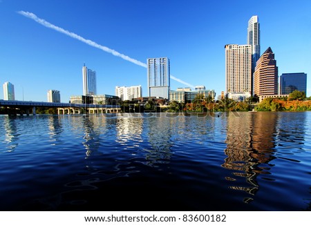 Beautiful Austin skyline from the shores of Lady Bird Lake
