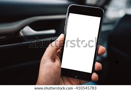 transportation and vehicle concept - man using smart phone in the car. Smart phone with blank screen