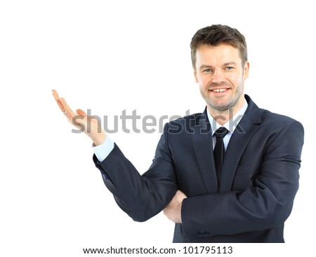 Happy business man presenting and showing with copy space for your text isolated on white background
