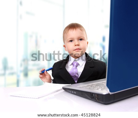 Little child and laptop Isolated on white background