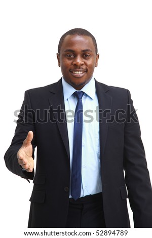 Portrait of an African American business man with an open hand ready to seal a deal