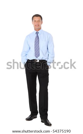 Full length portrait of a successful mature business man with hands folded isolated on white
