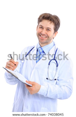 medical doctor with stethoscope. Isolated over white background