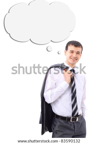 A portrait of a businessman lost in his thoughts over white background