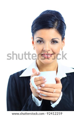 Portrait of happy smiling business woman drinking coffee, isolated over white background