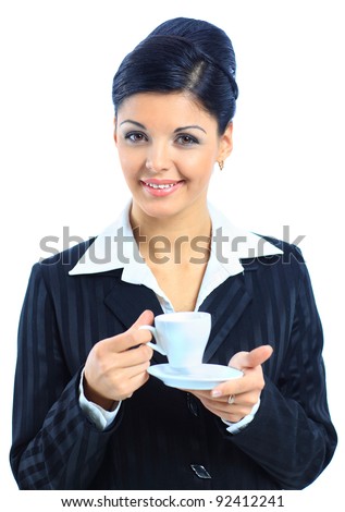 Portrait of happy smiling business woman drinking coffee, isolated over white background