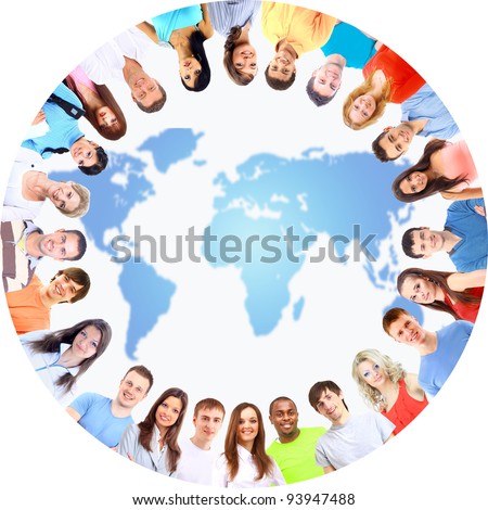Low angle view of happy men and women standing together in a circle