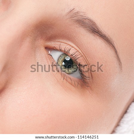 Close-up portrait of woman eye with perfect health skin of face. Isolated on white