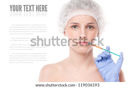 Cosmetic injection in the female face. Lips zone. Isolated on white