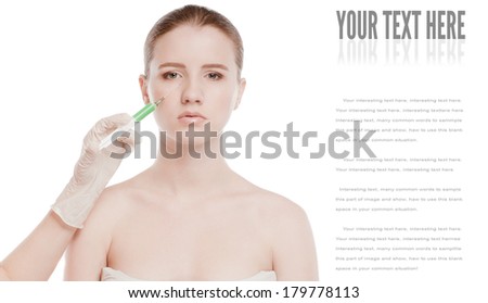 Correction injection in the female face. Eye and eyebrow zone. Isolated on white