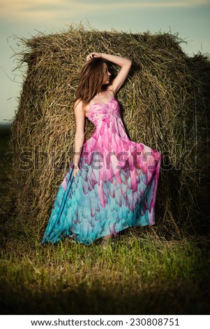 Young lady standing in evening field. Beautiful woman posing at the old rural farm location. woman in colored dress over haystack. Beautiful slim girl. Sexy slim model caucasian ethnicity outdoors.