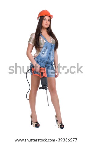 Young woman in orange helmet holding hammer drill